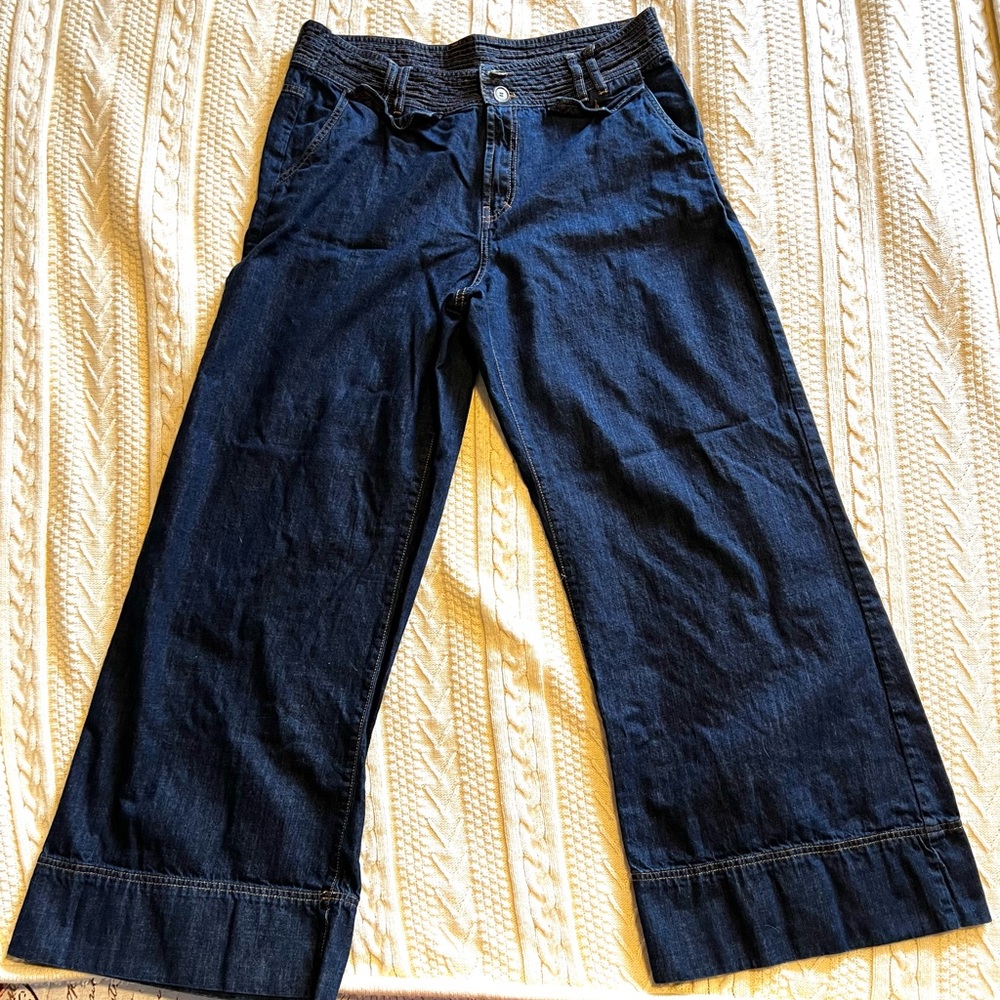 Wrap London Indigo dyed high rise elastic waist wide leg jeans size UK 14 US 10